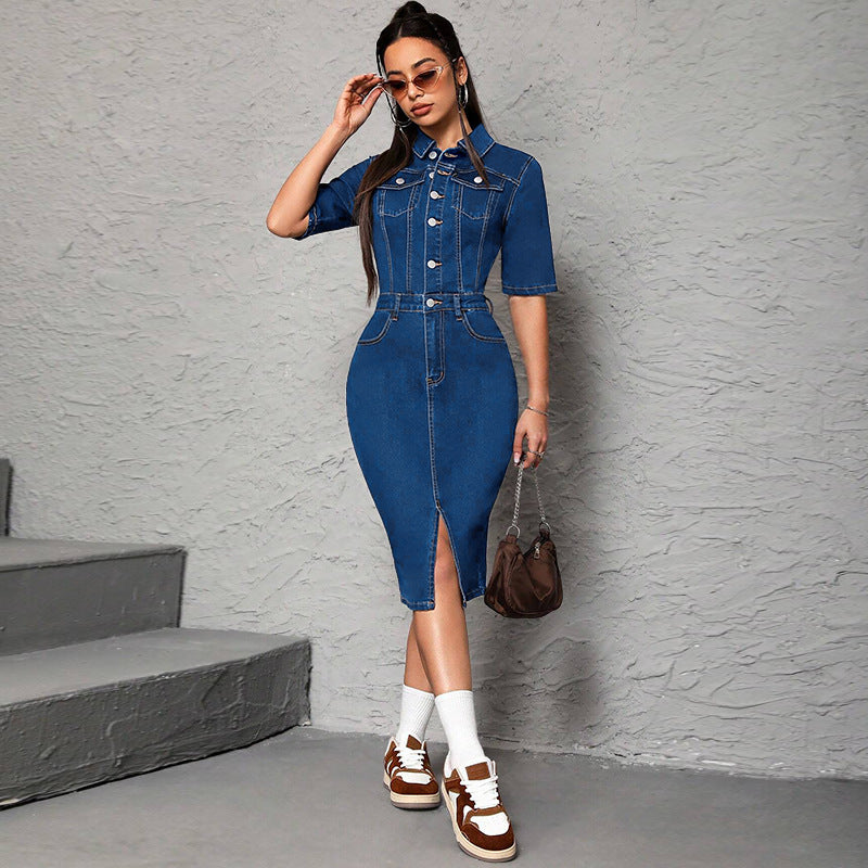 Women's Large Denim Lapel Sleeve Split Midi Dresses by Wshirt