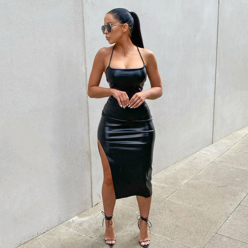 Arrival Faux Leather Night Club Sexy Backless Lace up Solid Color Personalized Split Sling Dress by Wanita Store