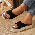 Hemp Rope Platform Slippers Women Cloth Surface Muffin Bottom Outer Wear Beach Slippers by Ragazza