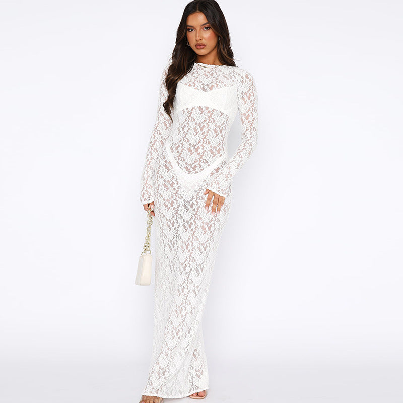Women Clothing Spring Summer Solid Color Lace See through Long Sleeve Mid Length Dress by Wanita Store