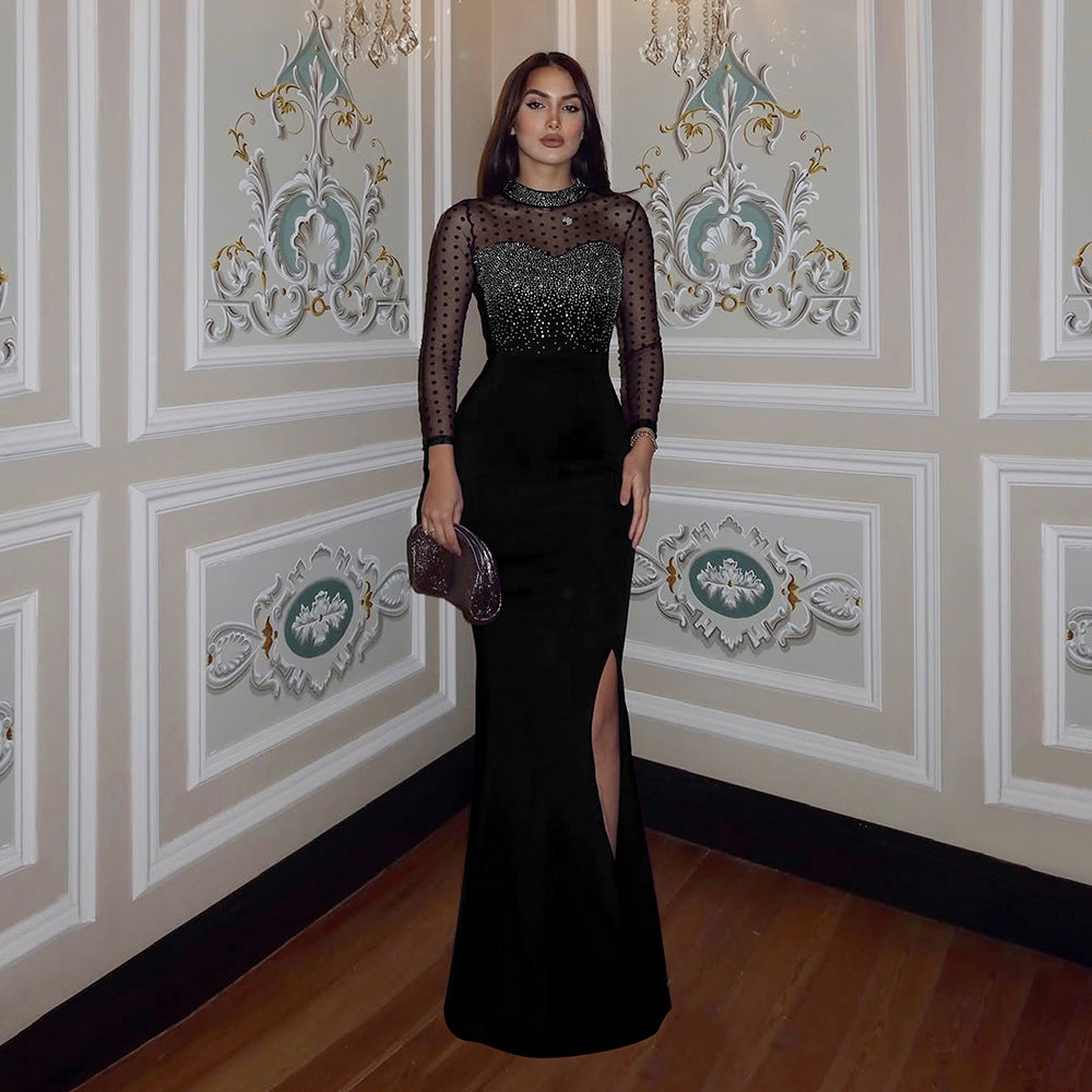 Drilling Mesh Long Sleeve Patchwork Waist Slimming Split Dress Women Slim Fit Long Formal Dress Women by Ragazza