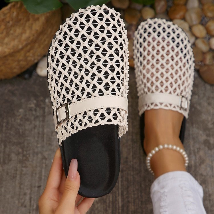Weaving Hollow Out Cutout Thick Bottom Toe Cap Mules Slippers Women Outer Wear Breathable Belt Buckle Beach Slippers by Ragazza