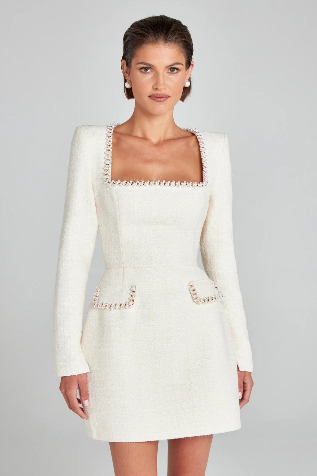 Elegant Slim Fit Slimming U Neck Long Sleeved Beaded Classic Dress Women by Wanita Store