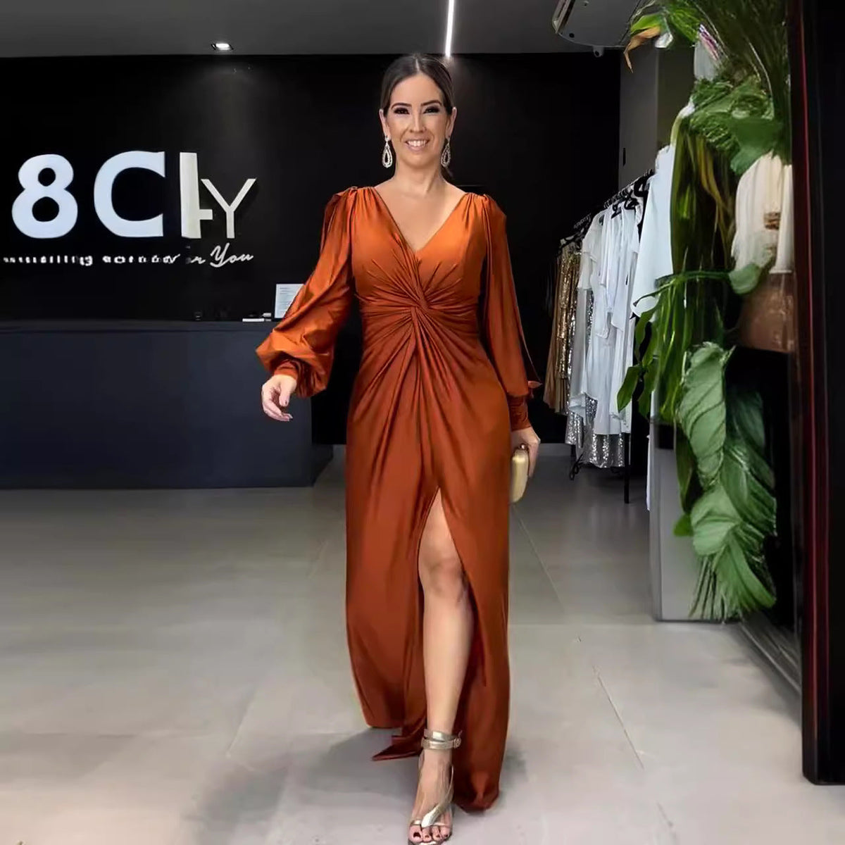 Summer Collar Solid Color Long Sleeve Slim Fit Slit Noble Dress by Ragazza