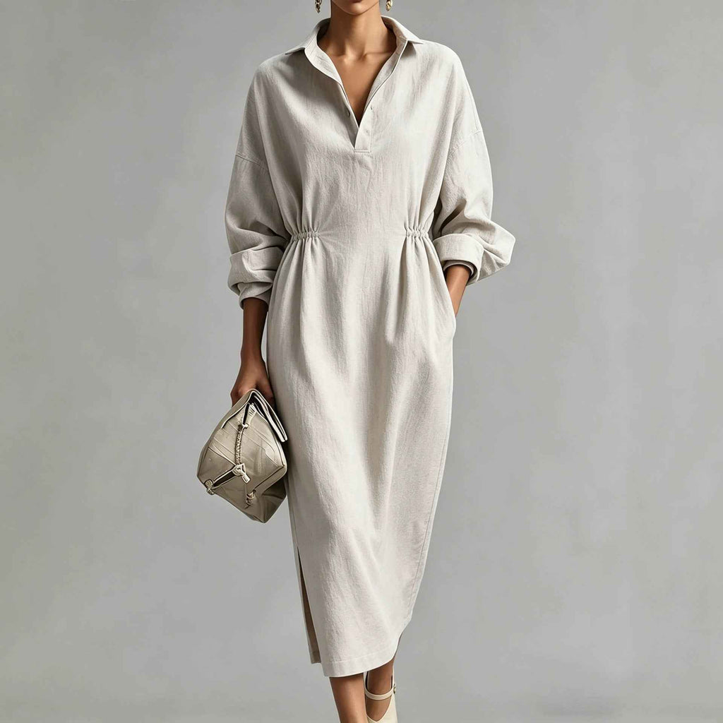 Women Clothing French Linen V neck Shirt Dress Drawstring Waist Trimming Loose Long Slit Dress by Ragazza
