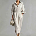 Women Clothing French Linen V neck Shirt Dress Drawstring Waist Trimming Loose Long Slit Dress by Ragazza