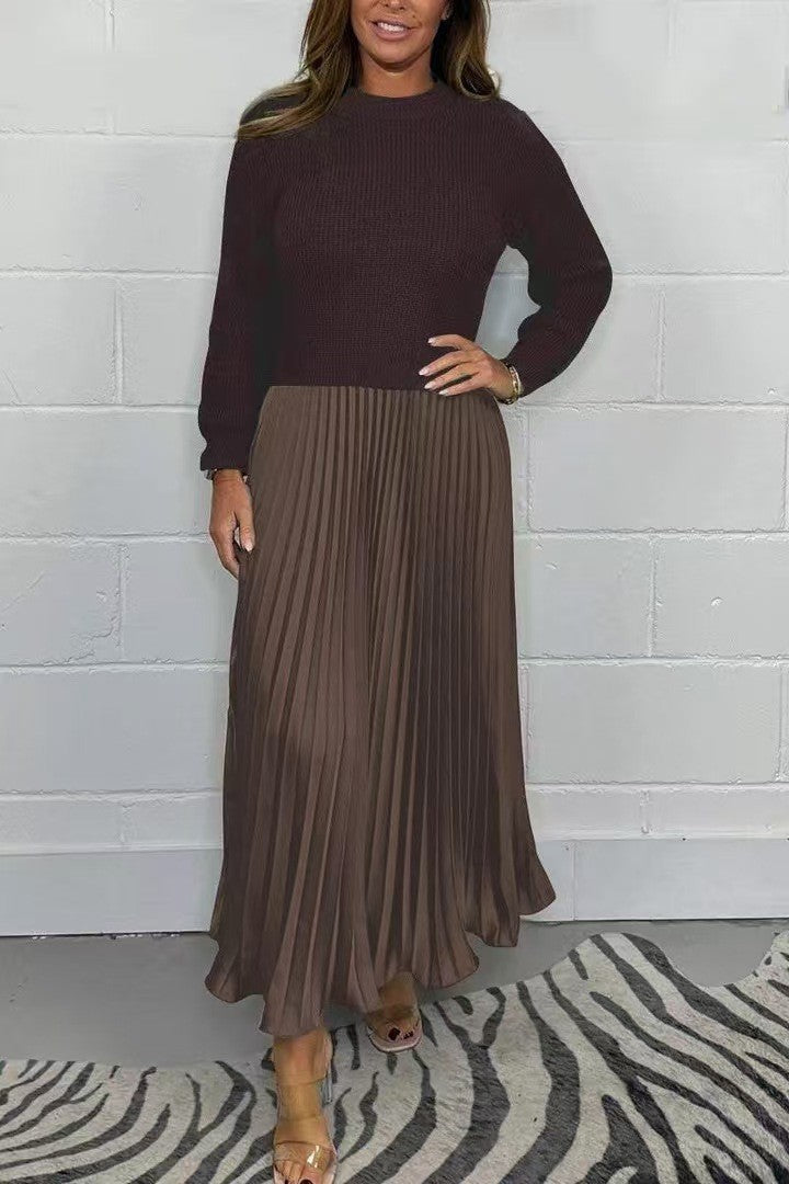 New Autumn Winter Women round Neck Top Sunken Stripe Pleated Dress by Ragazza