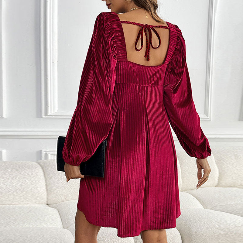 Autumn Winter Women Clothing Velvet Square Collar Solid Color Dress by Ragazza