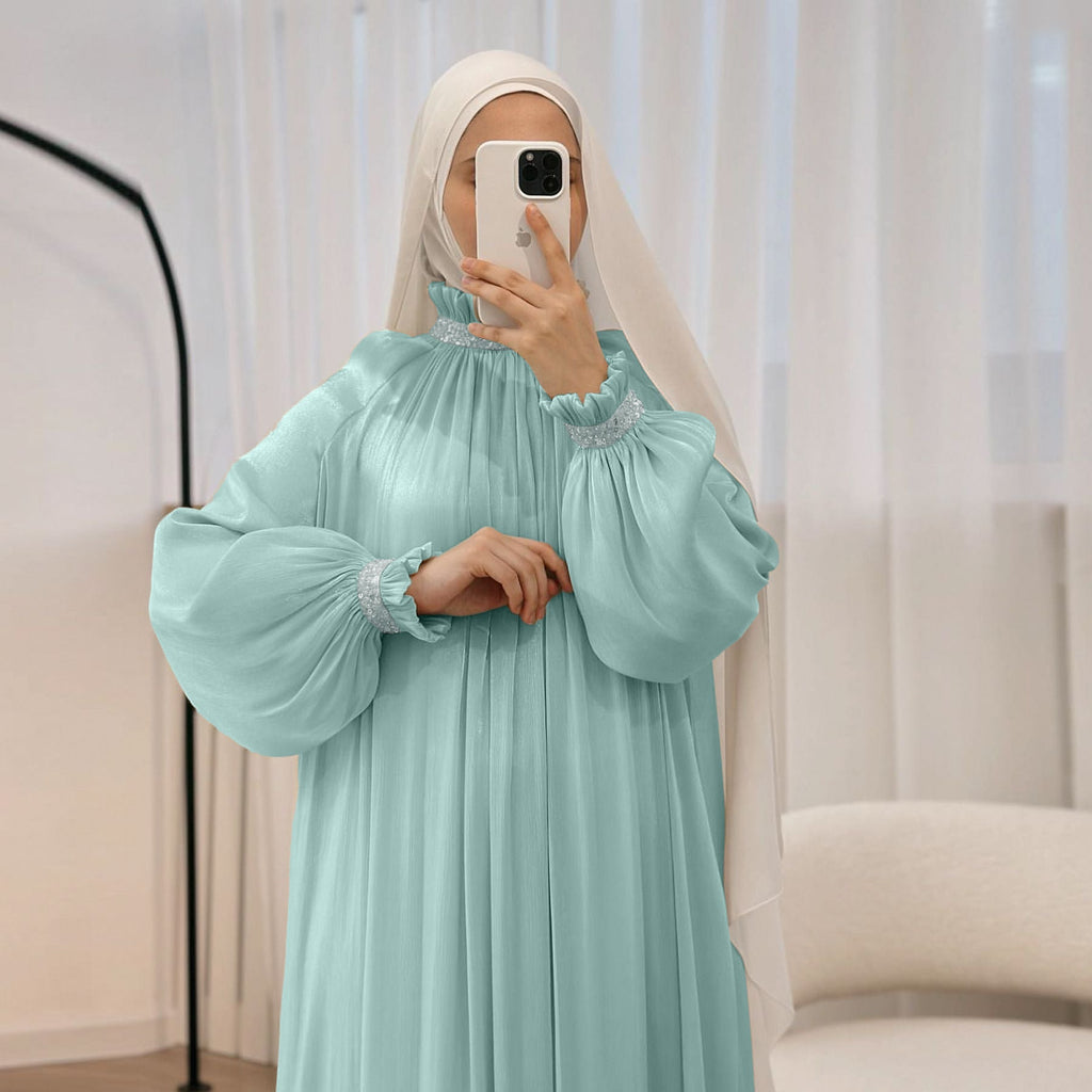 Elegant Glossy Flower Cuff Sequinned Abaya | Glossy Abaya With Sequins (MA140) by Mariam's Collection