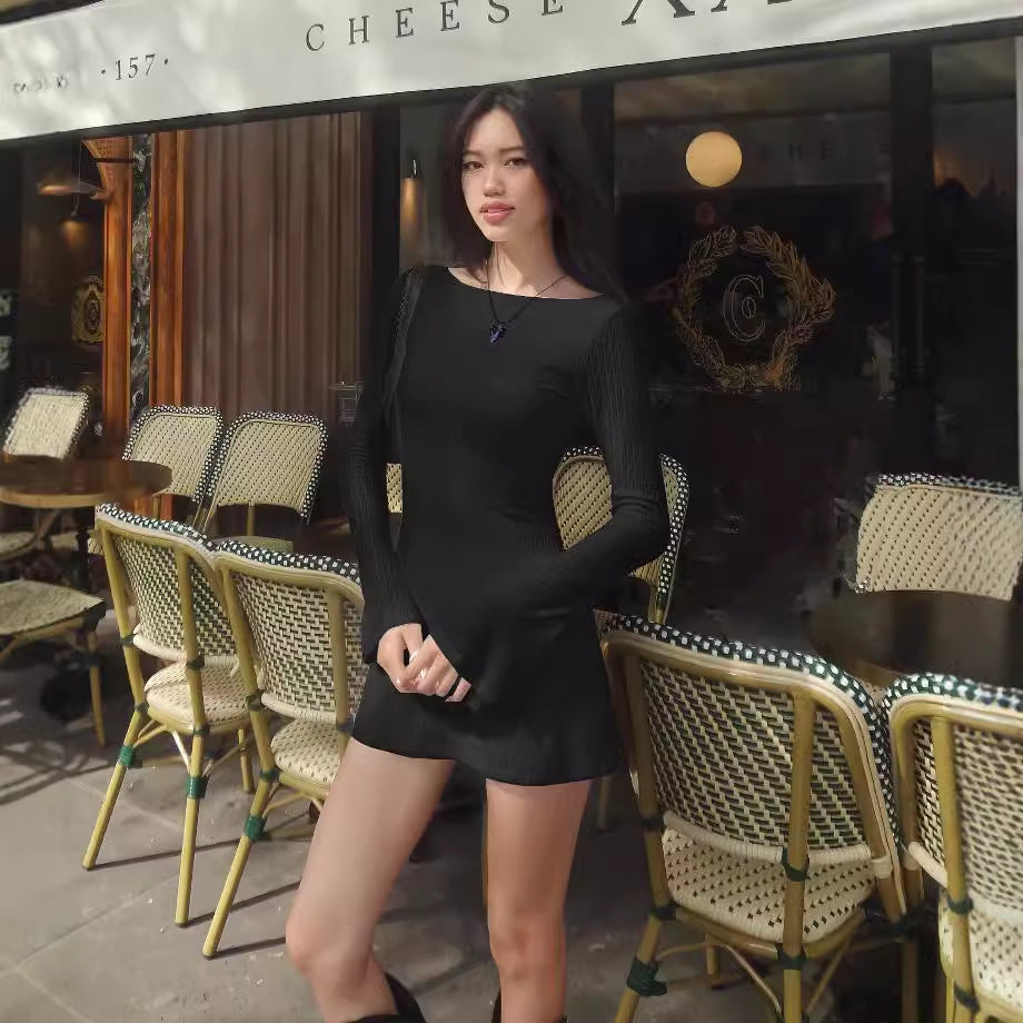 Sexy Street Shooting Solid Color Minimalist Long Sleeve Sexy Big Backless Tied Dress by Ragazza