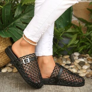 Weaving Hollow Out Cutout Thick Bottom Toe Cap Mules Slippers Women Outer Wear Breathable Belt Buckle Beach Slippers by Ragazza
