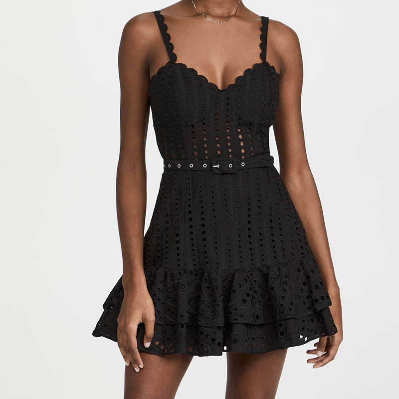 Summer Machine Embroidery Sexy Spaghetti Strap Ruffle Dress Waist Slimming Short Temperamental Dress by Wanita Store