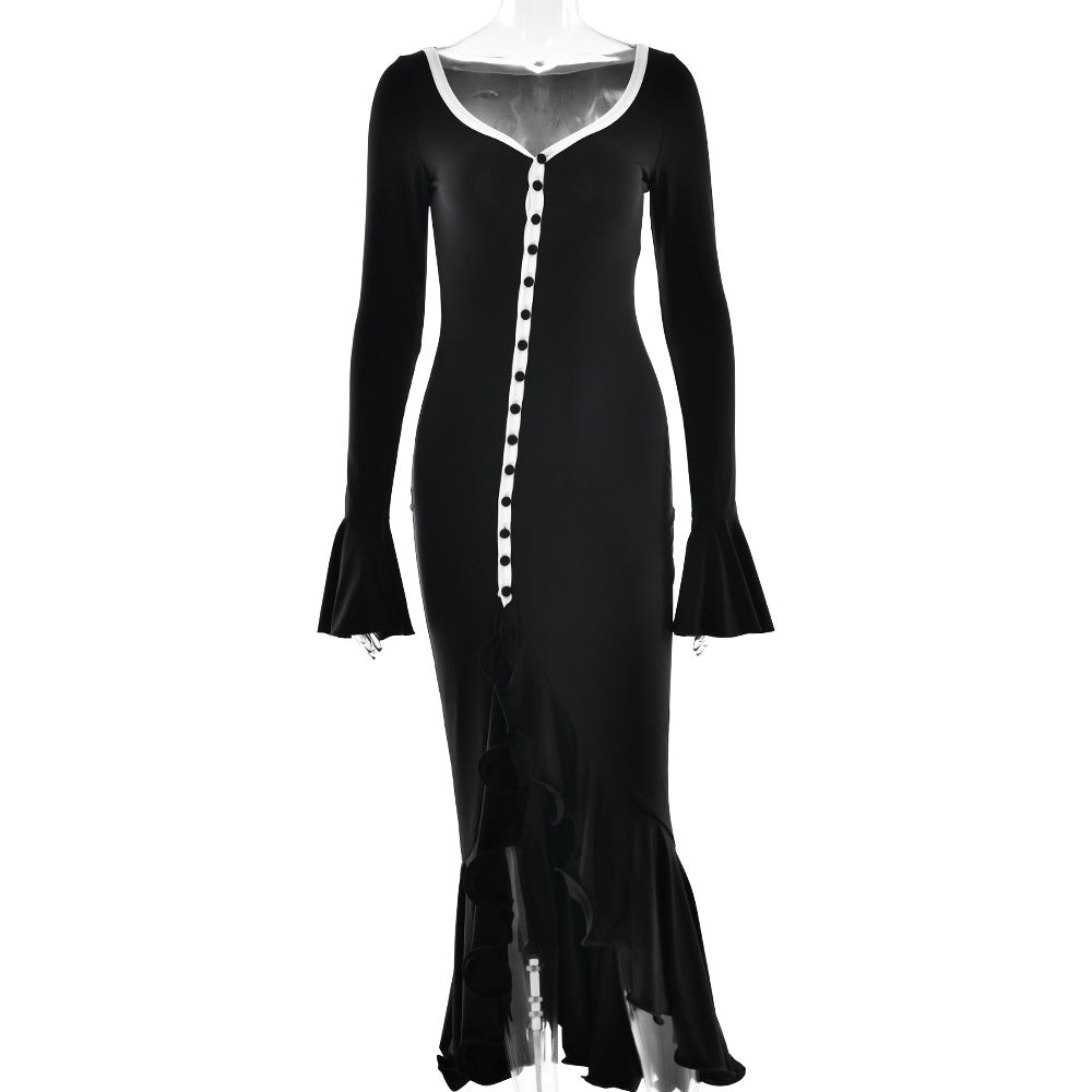 Sexy Sexy Solid Color Waist Tight Bell Sleeve Dress Single Breasted Side Slit Dress by Ragazza