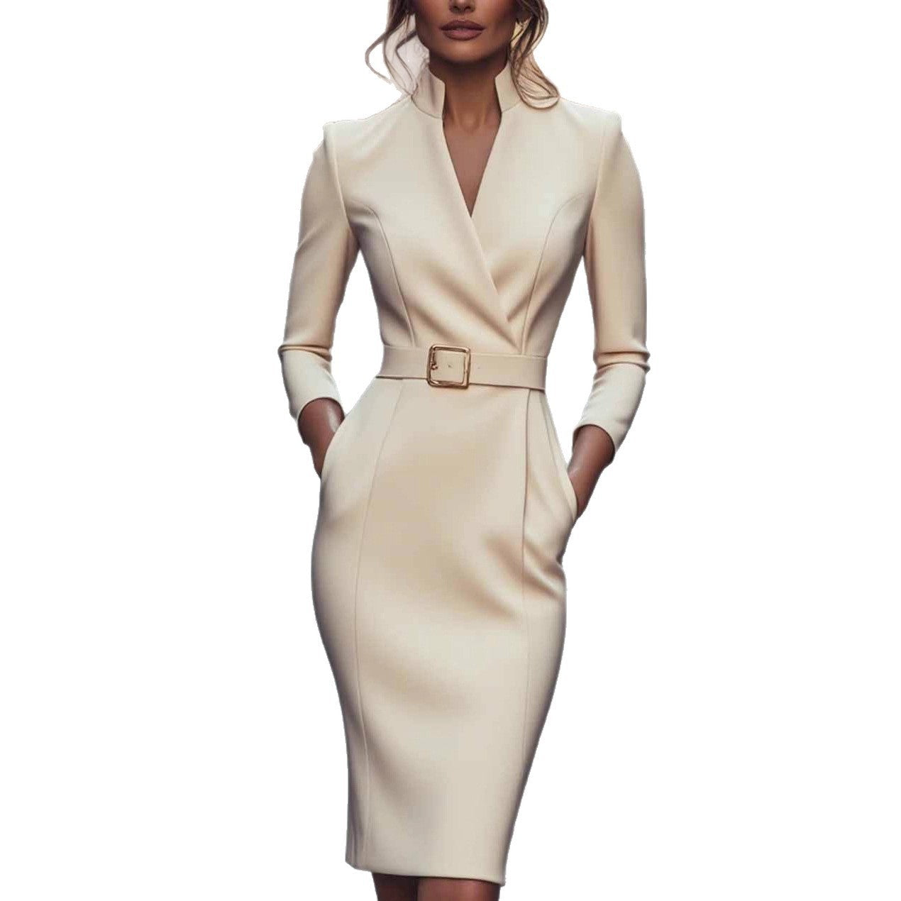 Women's Elegant Long Sleeve Pocket Dress Belted Dresses by Wshirt