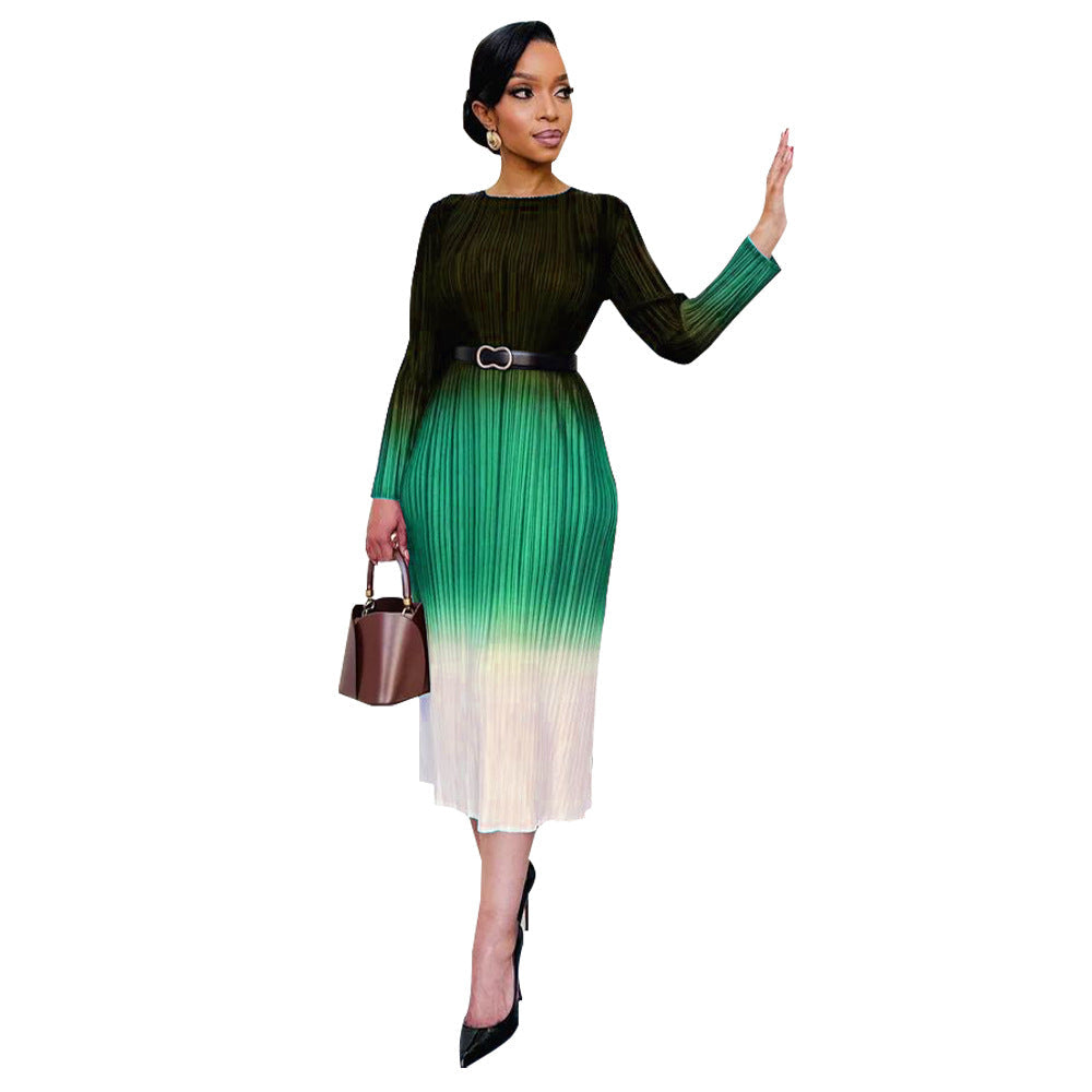 Women Clothing Gradient Positioning Printing Long Sleeve Pleated Dress by Ragazza