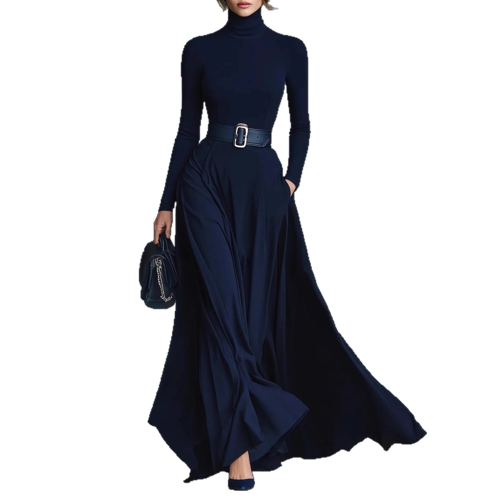 Women's Long-sleeved Solid Color Turtleneck Dress Long Dresses by Wshirt