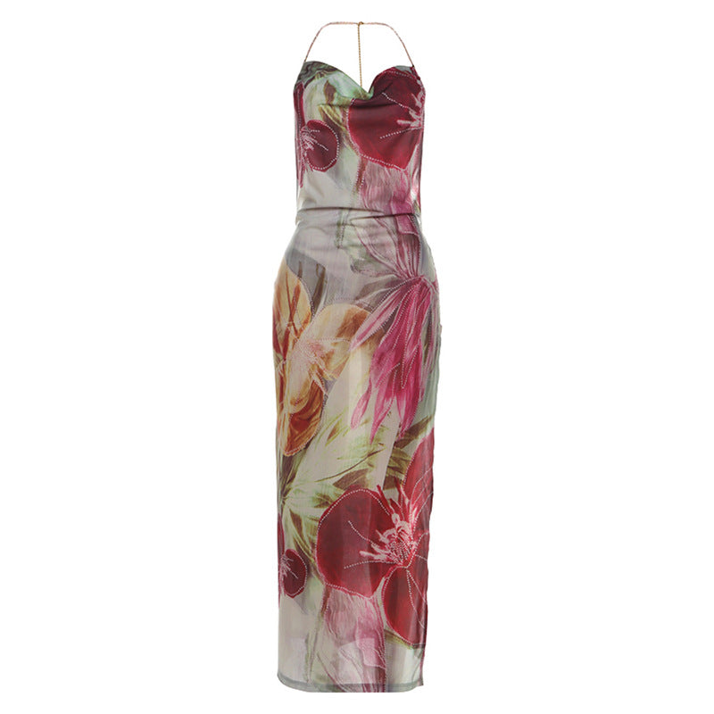 Winter Sexy Waist Trimming Backless Self Tie Dress Halter Split Dress by Ragazza