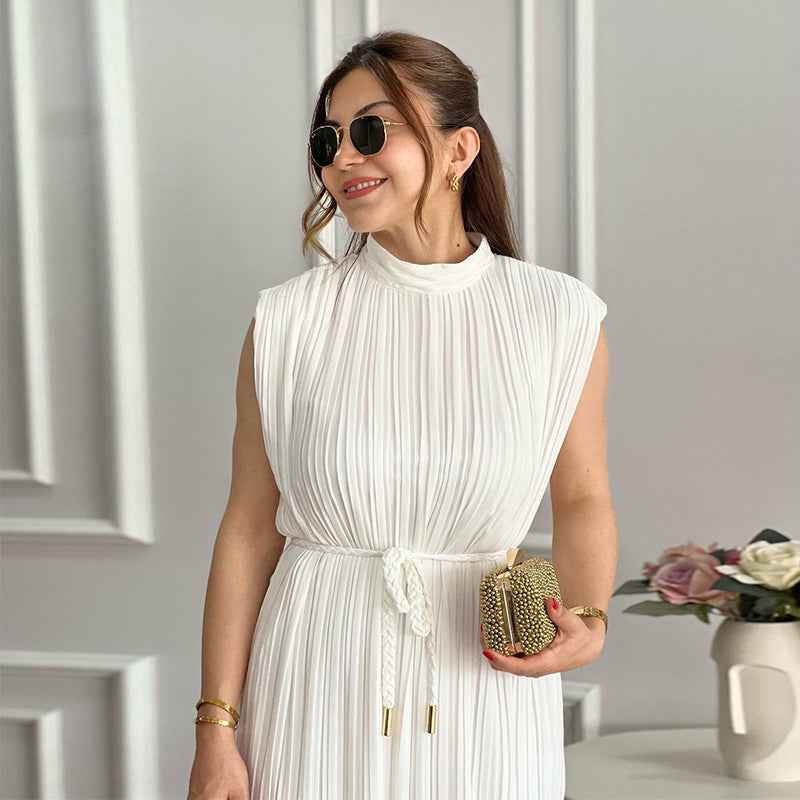 Women Clothing Spring Summer Simple Half Turtleneck Waist-Controlled Lace up Mid Length Dress