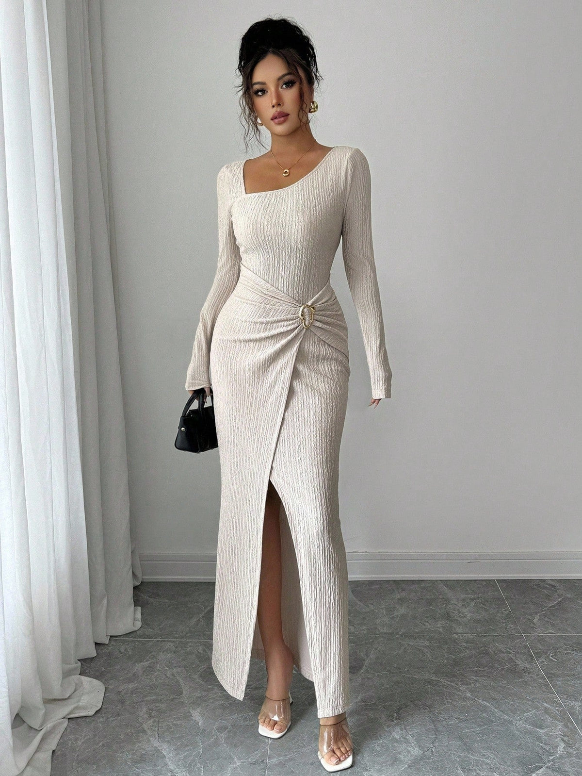 Autumn Winter Irregular Asymmetric Neckline Solid Color Knitted Texture Maxi Dress Women by Ragazza
