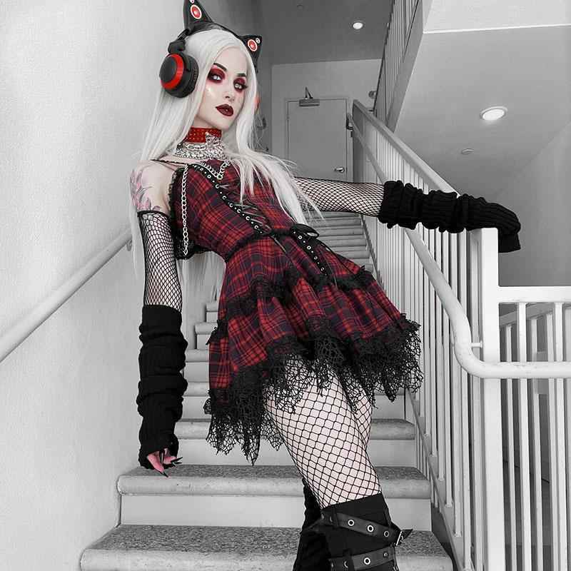Women's Summer Gothic Plaid Trendy Waist Deep Dresses by Wshirt