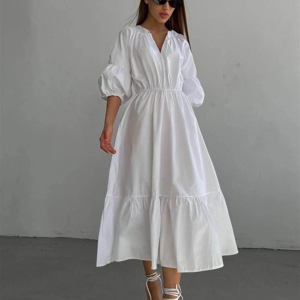 V neck Dress Office High Waist French Half Sleeve A line Dress Women Casual Dress Summer by Ragazza