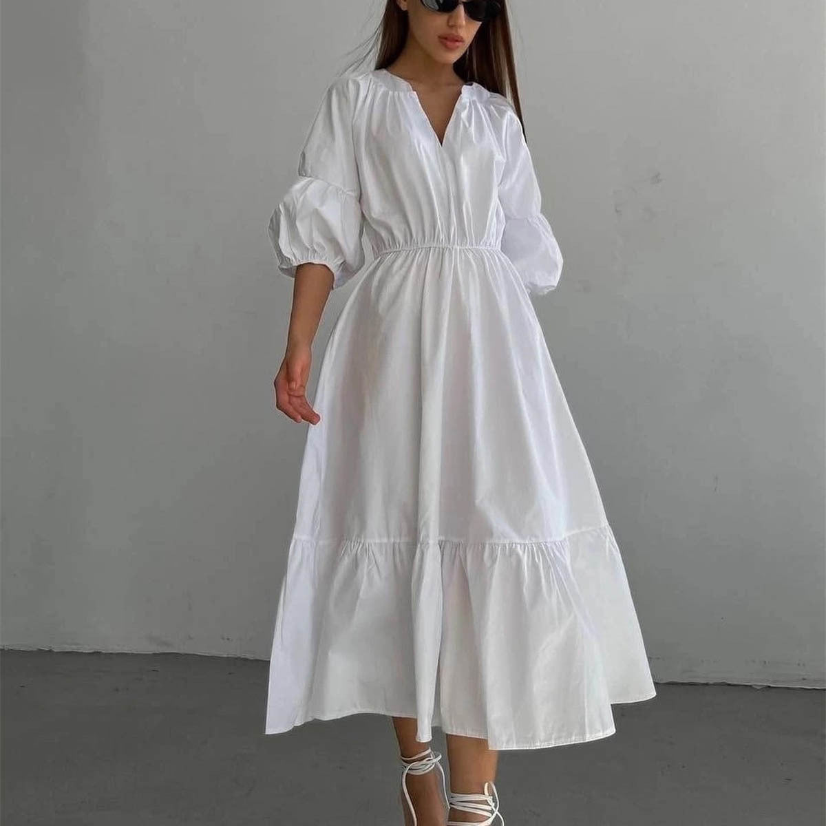 V neck Dress Office High Waist French Half Sleeve A line Dress Women Casual Dress Summer by Ragazza