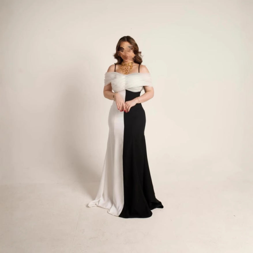 Spring Summer Women Strap Color Matching Pleated Slim Elegance Retro Dress by Ragazza