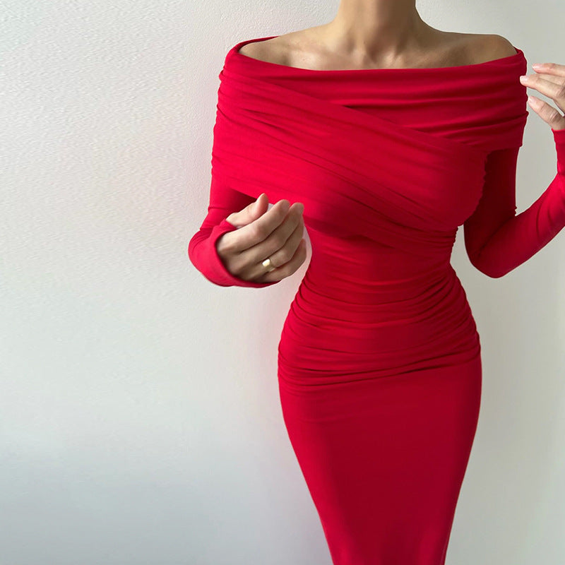 Spring Dress Women Off Shoulder Long Sleeve Waist Controlled Hip Dress Elegant Retro Red by Ragazza