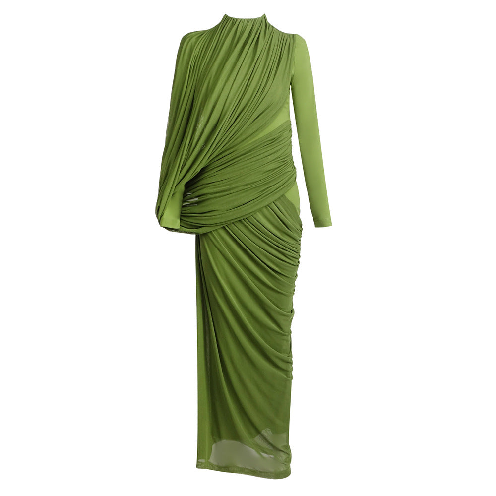 Dress Winter round Neck Green Pleated Long Sleeve by Ragazza