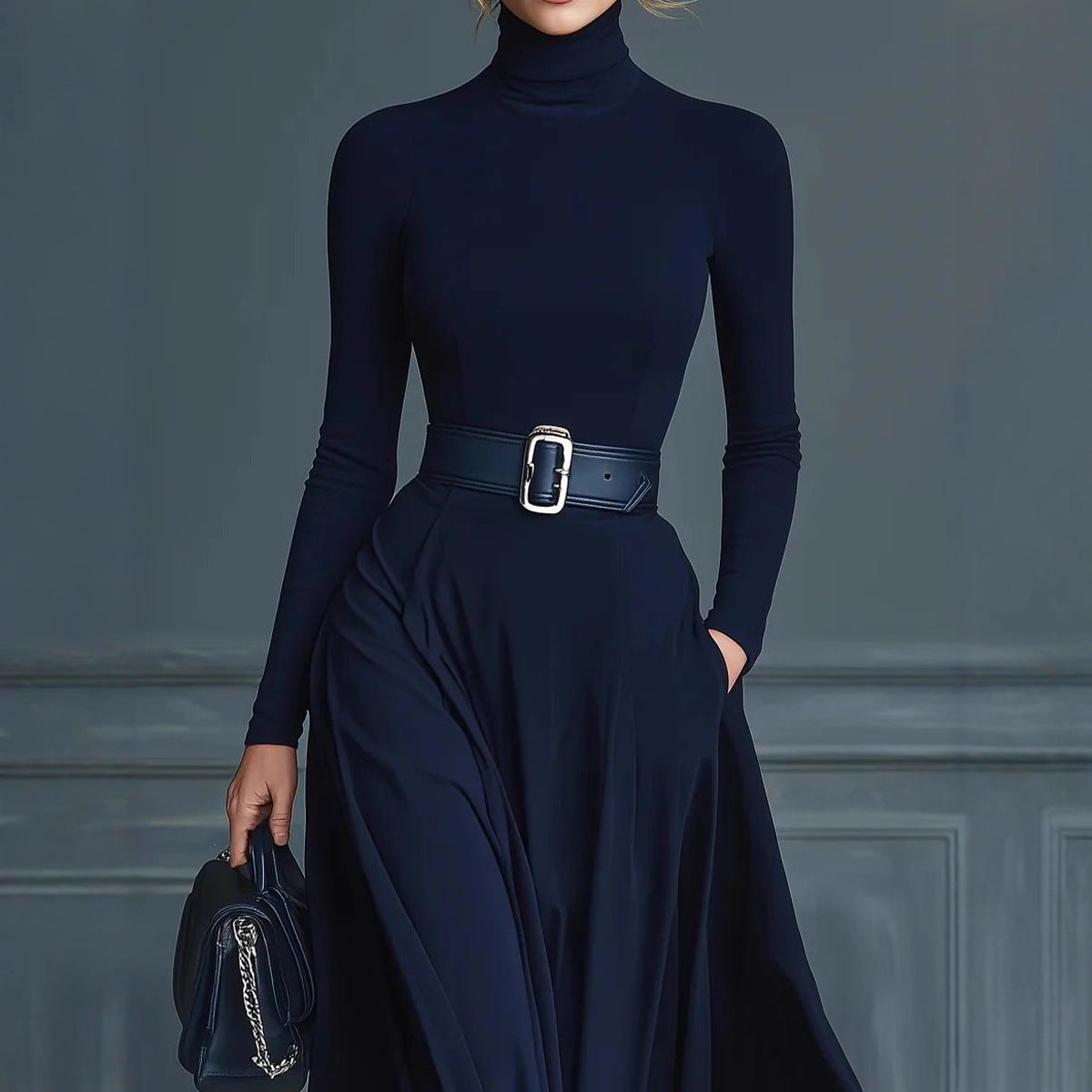 Women's Long-sleeved Solid Color Turtleneck Dress Long Dresses by Wshirt