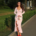 Sexy Sexy Solid Color Waist Tight Bell Sleeve Dress Single Breasted Side Slit Dress by Ragazza