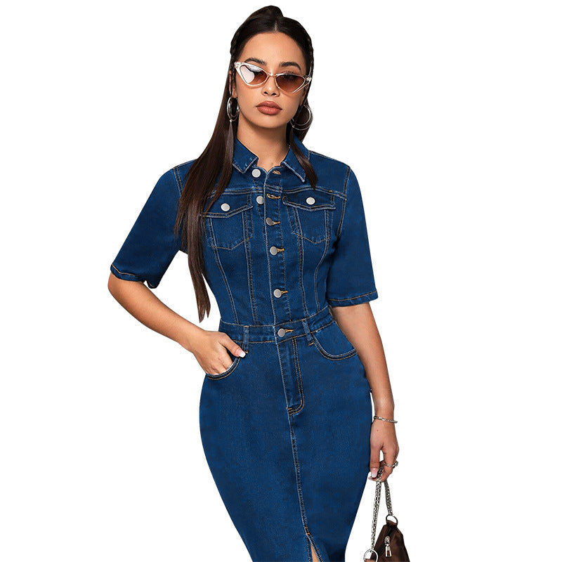 Women's Large Denim Lapel Sleeve Split Midi Dresses by Wshirt