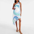 Summer Sexy Positioning Printing Satin Shoulder Irregular Asymmetric Dress by Ragazza