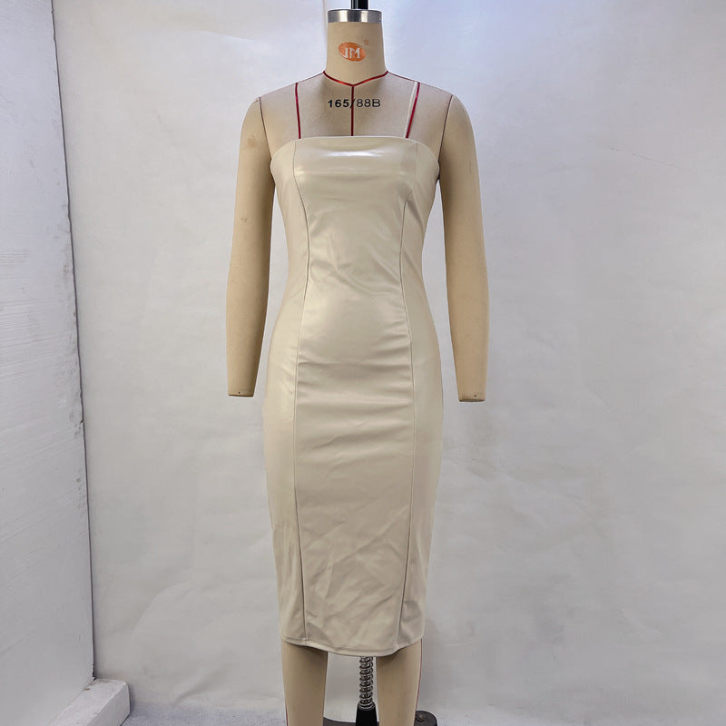 Women Clothing Fall Winter Solid Color Faux Leather Sexy Tube Top Cinched Waist Sheath Dress by Wanita Store