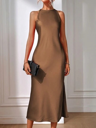 Satin Dress Women Clothing Spring Summer Sleeveless Split Satin Imitation Silk Maxi Dress by Ragazza