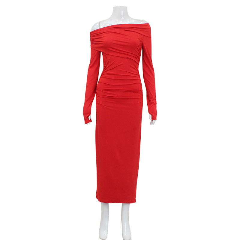Spring Dress Women Off Shoulder Long Sleeve Waist Controlled Hip Dress Elegant Retro Red by Ragazza