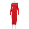 Spring Dress Women Off Shoulder Long Sleeve Waist Controlled Hip Dress Elegant Retro Red by Ragazza