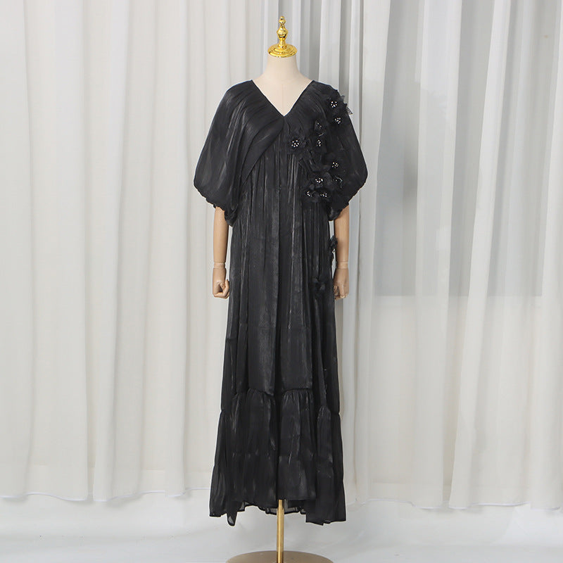 Romantic Vacation Maxi Dress Spring V neck Drop Shoulder Batwing Sleeve Stitching Three Dimensional Floral Dress by Ragazza