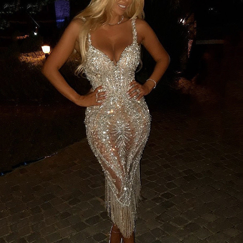 Women's Deep V Long Sleeve Sequins Dress Dresses by Wshirt