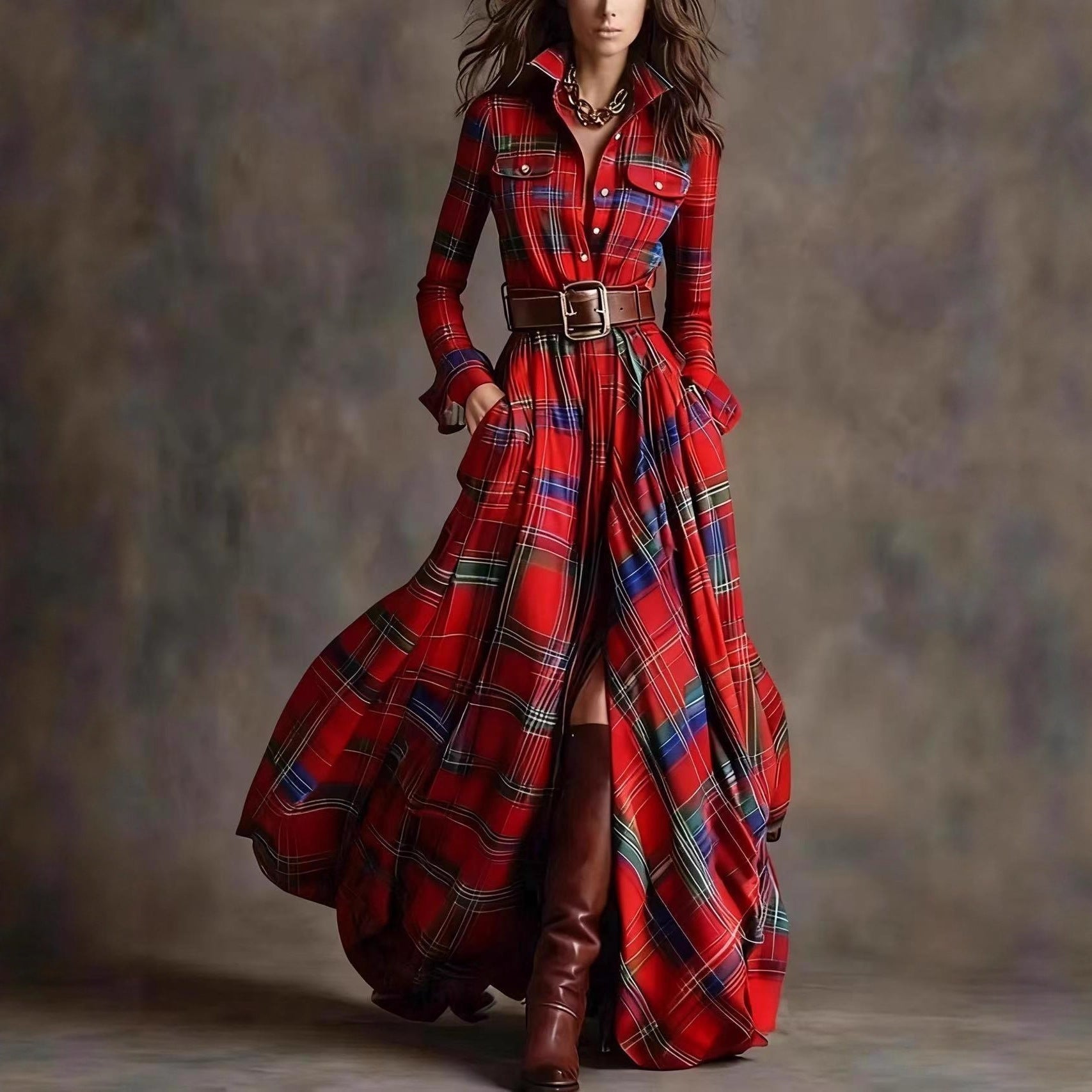 Women's Large French Retro Grid Slim Irregular Dresses by Wshirt