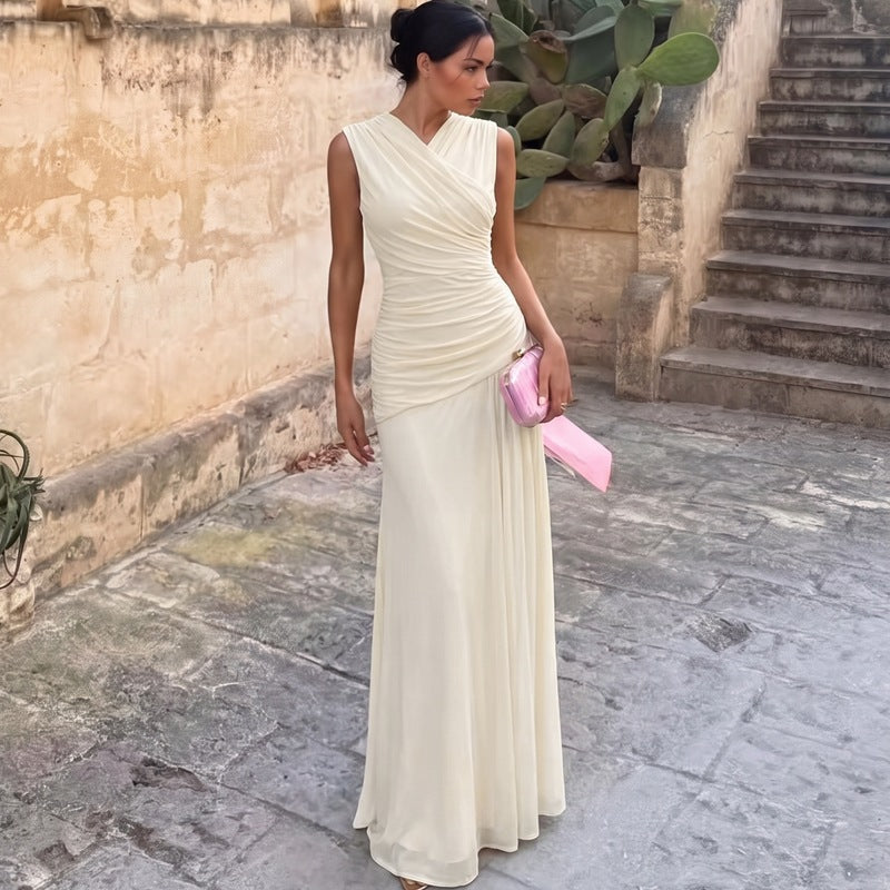 French V neck Solid Color Maxi Dress Summer Waist Slimming Draping Effect Maxi Dress by Bella Mia