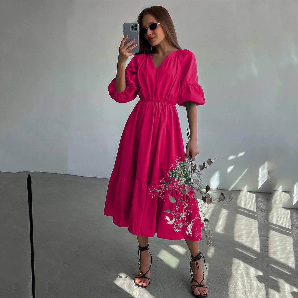 V neck Dress Office High Waist French Half Sleeve A line Dress Women Casual Dress Summer by Ragazza