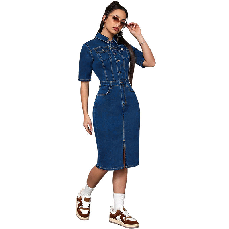 Women's Large Denim Lapel Sleeve Split Midi Dresses by Wshirt