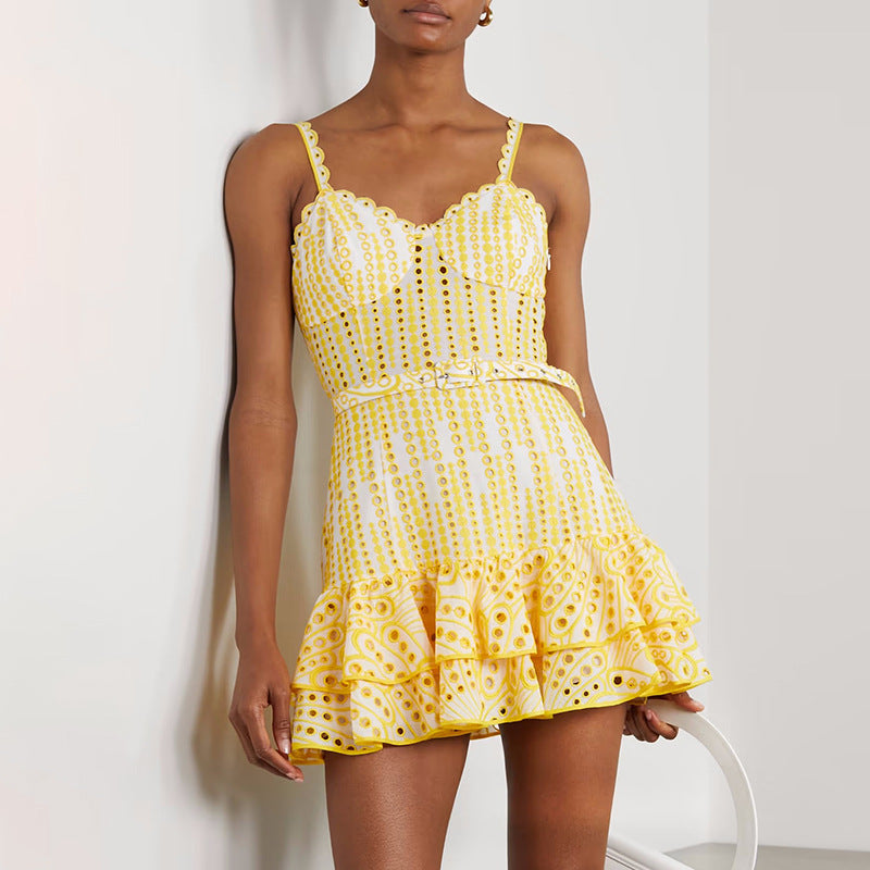 Summer Machine Embroidery Sexy Spaghetti Strap Ruffle Dress Waist Slimming Short Temperamental Dress by Wanita Store
