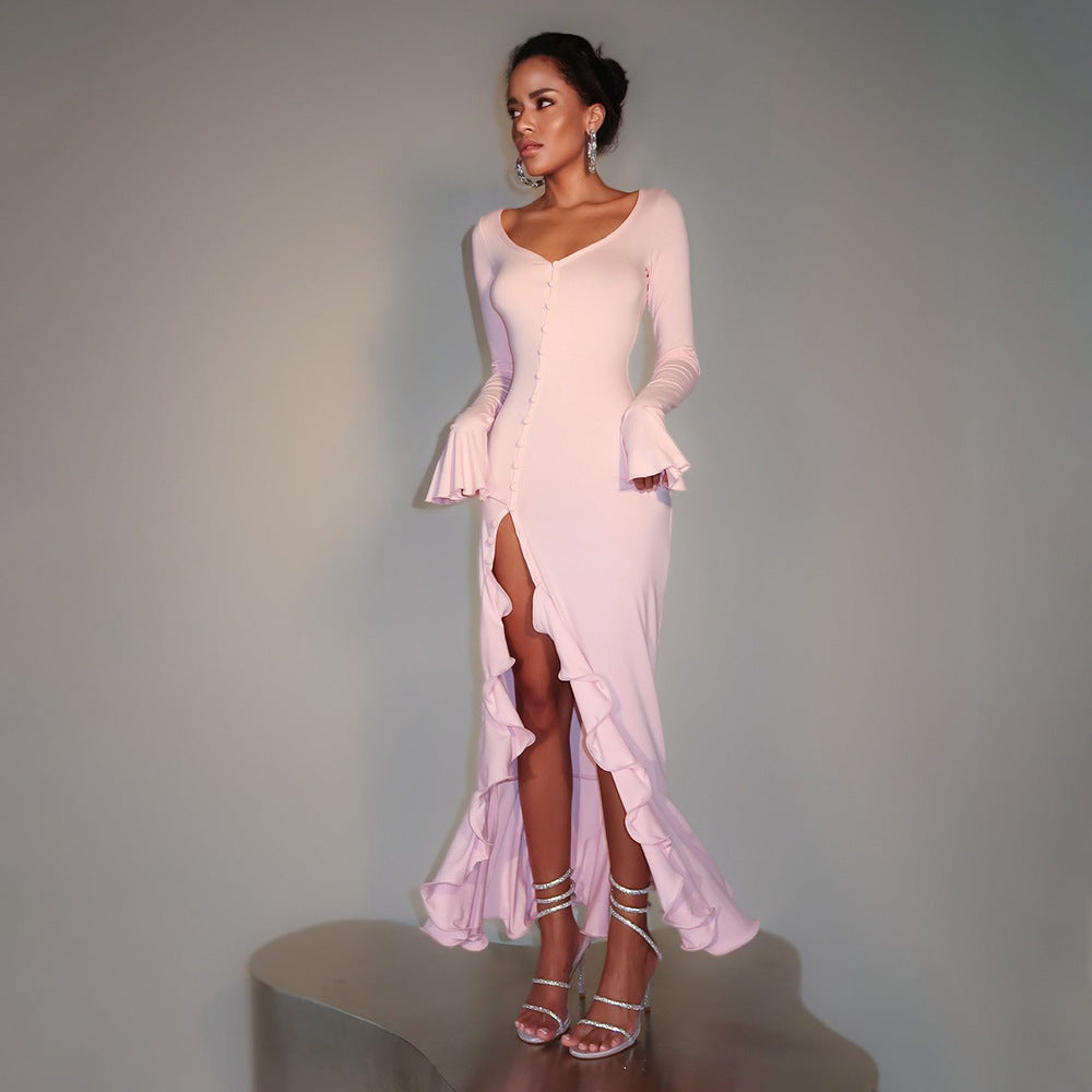 Sexy Sexy Solid Color Waist Tight Bell Sleeve Dress Single Breasted Side Slit Dress by Ragazza