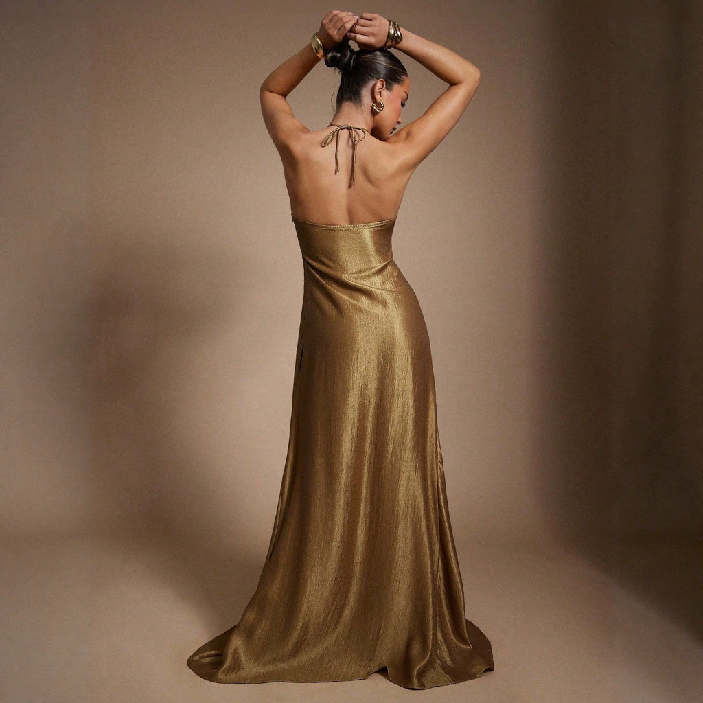 Summer Halter Sleeveless Backless Slim Fit Figure Flattering Waist Solid Color Maxi Dress by Ragazza