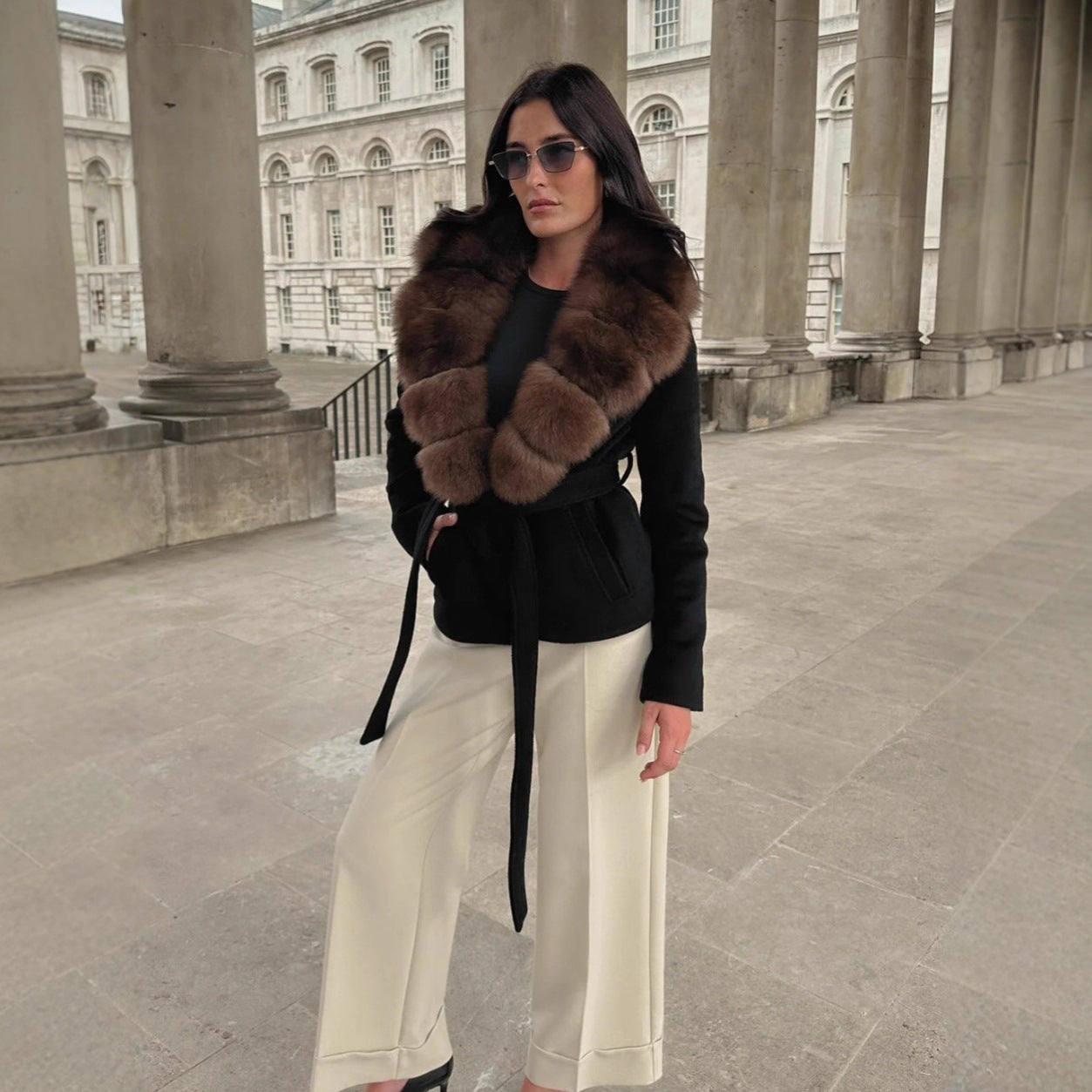 Fur Collar Waist Trimming Lace Up Coats by Wshirt