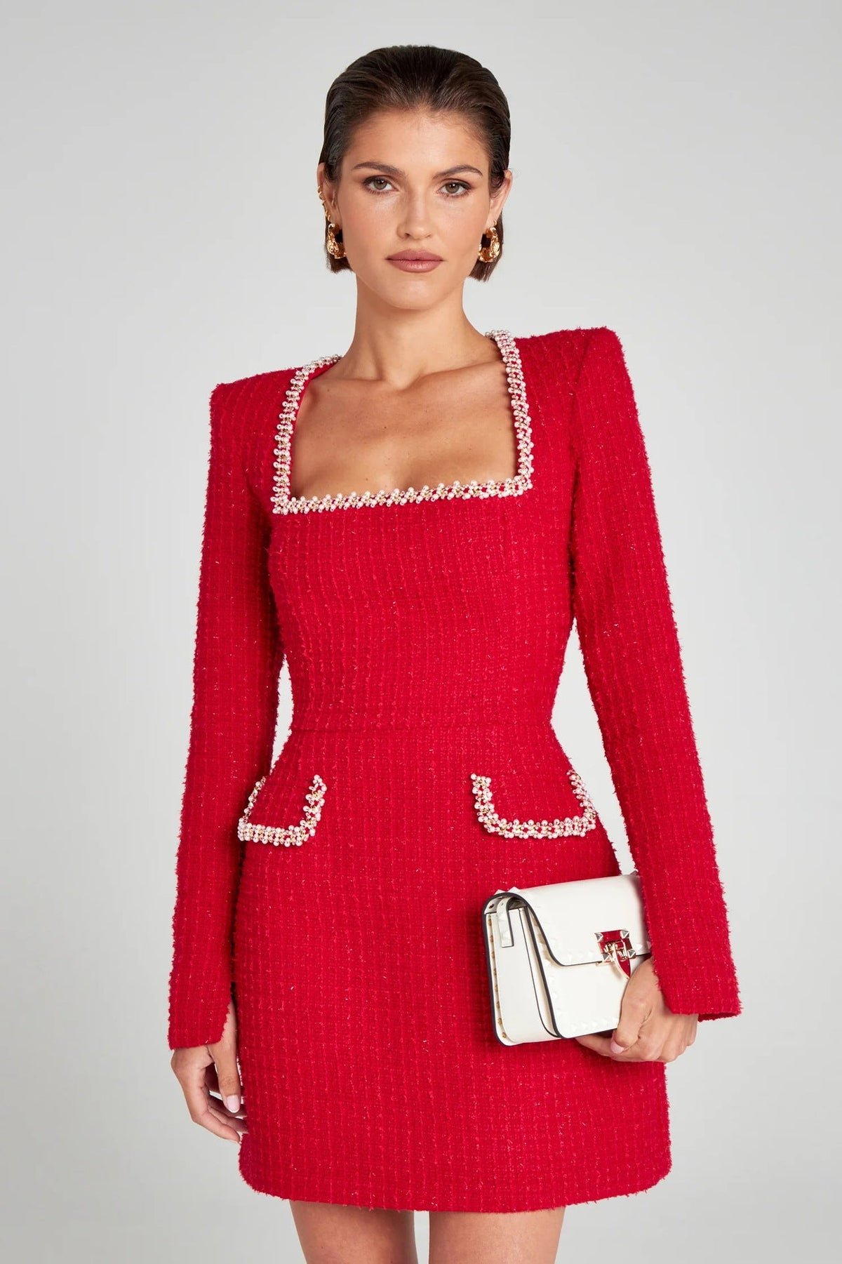 Elegant Slim Fit Slimming U Neck Long Sleeved Beaded Classic Dress Women by Wanita Store