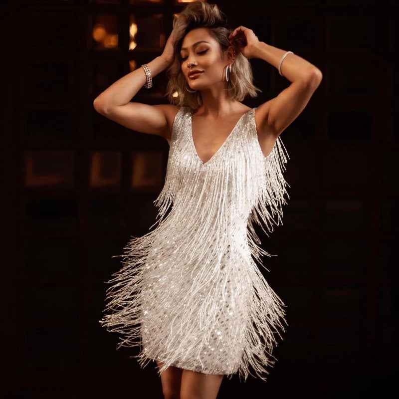 Women's Sexy Deep V Sleeveless Pencil Tassel Dresses by Wshirt