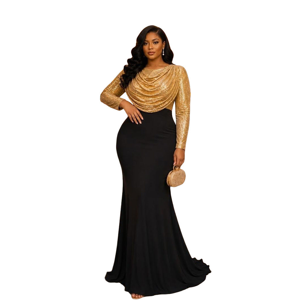 Women Clothes Dress Sequin round Neck Pleated Sequined Sheath Long Sleeve by Ragazza